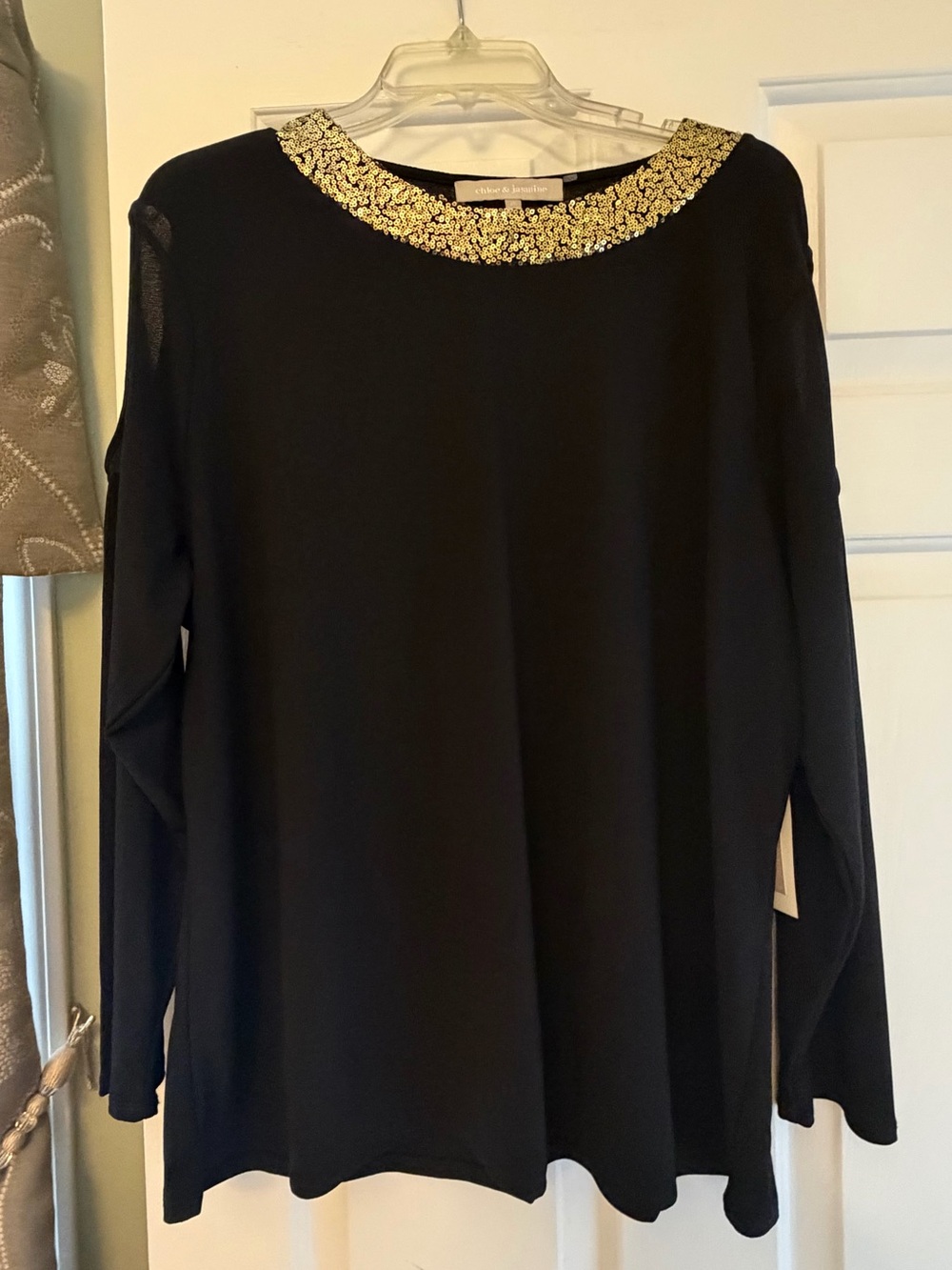🆕 Black Long-Sleeve Top w/Gold Embellished Neckline